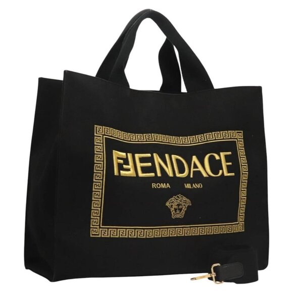 FENDI VERSACE Collaboration Fenderche Tote Bag Canvas 2way Black - Picture 1 of 16